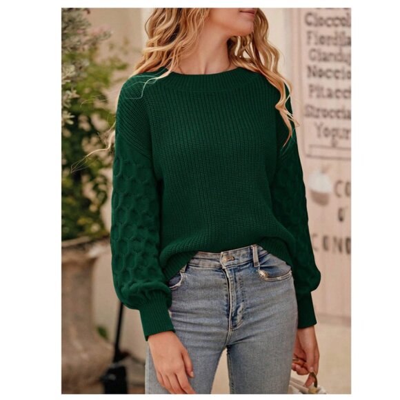 BWQ Ribbed Oversize Drop Shoulder Pull On Knit Sweater Top in Dark Green NWT - Picture 1 of 8